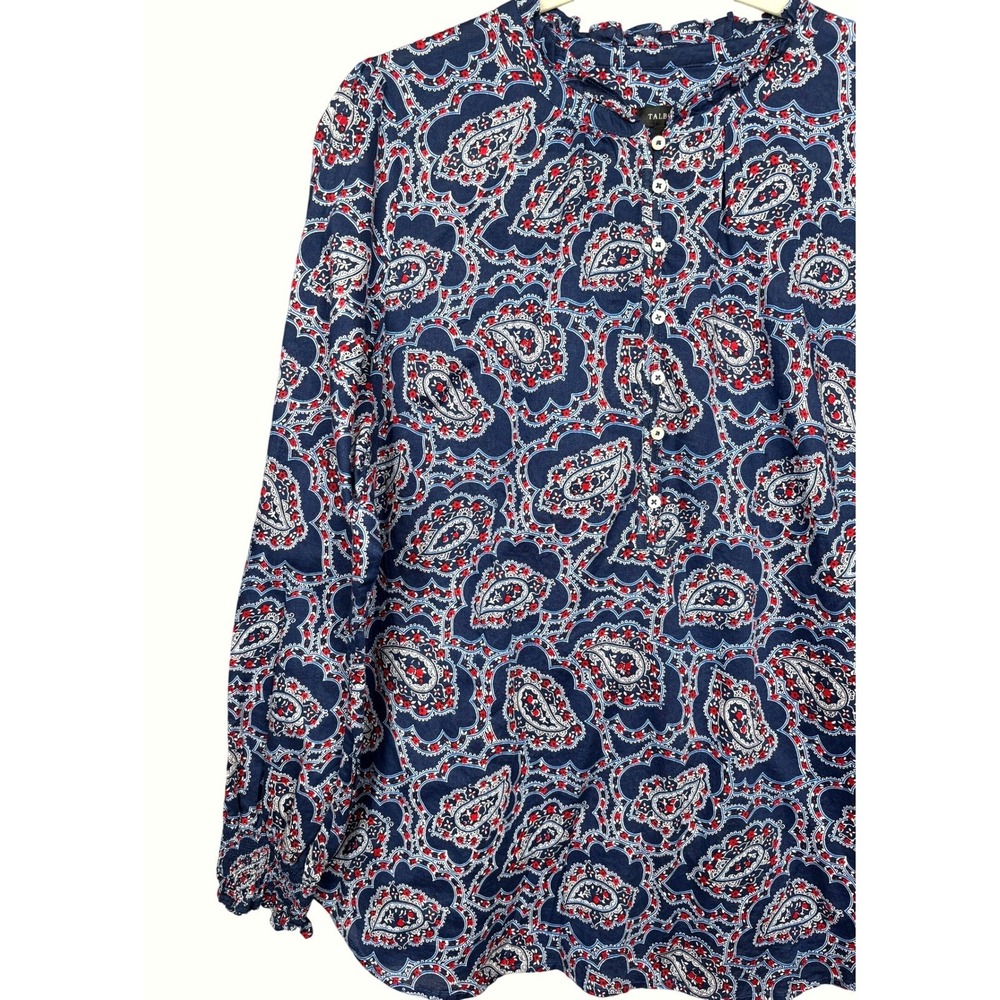 Talbots Blouse Womens Large Cotton Paisley Ruffle Neck Henley Long Sleeve